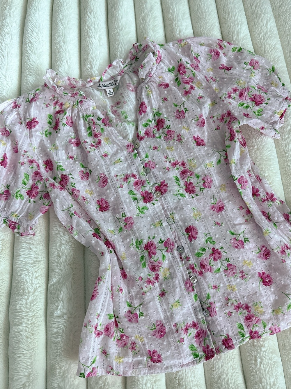 Nanette Lepore Floral Pink Button-Front Puff Sleeve Blouse